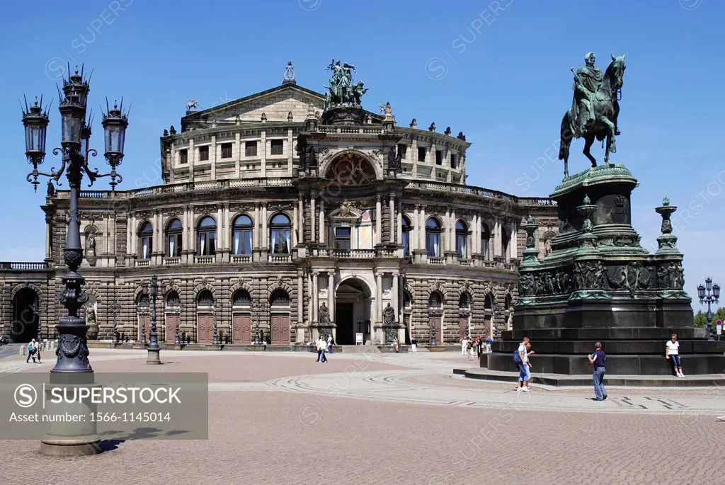 Opera house Semperoper at the theater square in Dresden with Koenig Johann memorial - Caution: For the editorial use only  Not for advertising or othe...