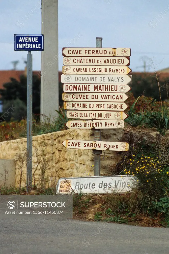 Chateauneuf du Pape. France. Signpost indicating local wine producers.