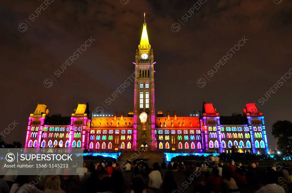 Parliament Hill Peace Tower Ottawa Ontario Canada National Capital City Center Block MosAika night light show