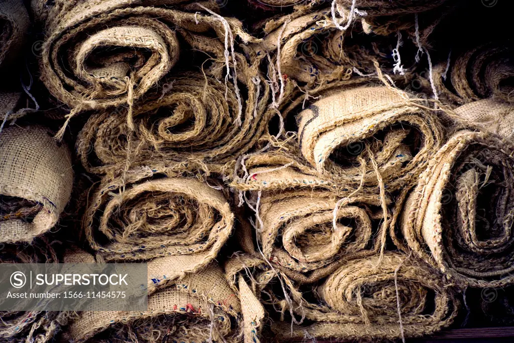 Close up of a coffee sacs, rolled and stacked in a coffee shop in Nazareth, Israel