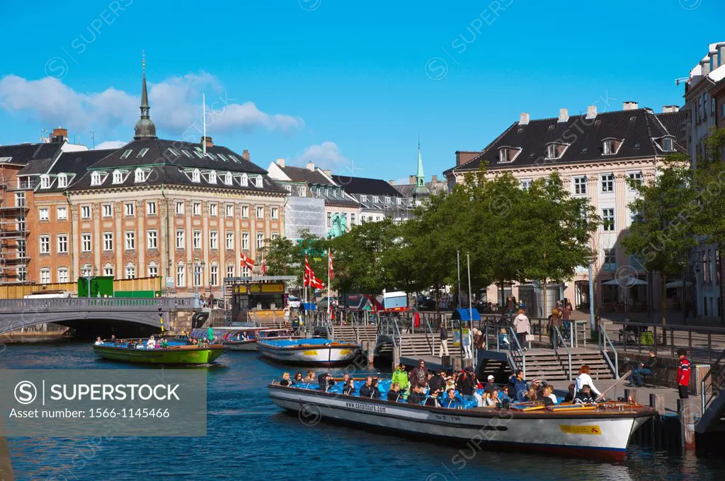 Tourist sightseeing cruise tour boat Borsgraven canal central Copenhagen Denmark Europe
