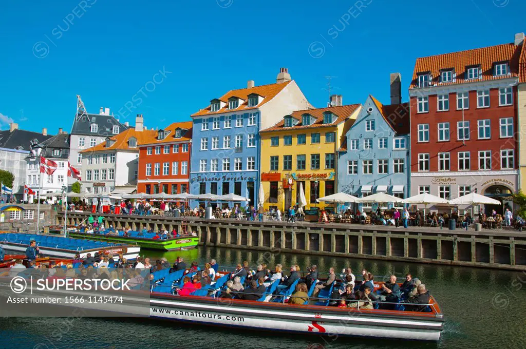 Sightseeing cruise tour boat Nyhavn harbour central Copenhagen Denmark Europe