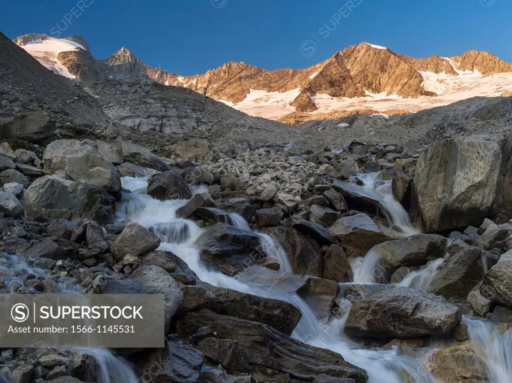 The Reichenspitz Mountain Range in the Zillertal Alps in the National Park Hohe Tauern  Sunrise near the glacier Wildgerlos Kees and Mount Reichen Spi...
