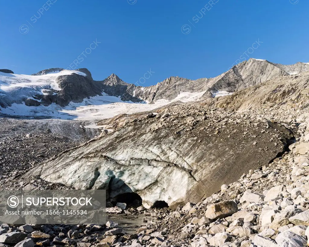 The Reichenspitz Mountain Range in the Zillertal Alps in the National Park Hohe Tauern  Glacier Front of the glacier Wildgerlos Kees with ice cave, Mo...