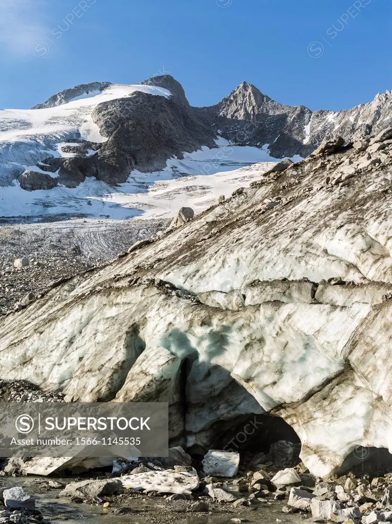 The Reichenspitz Mountain Range in the Zillertal Alps in the National Park Hohe Tauern  Glacier Front of the glacier Wildgerlos Kees with ice cave, Mo...
