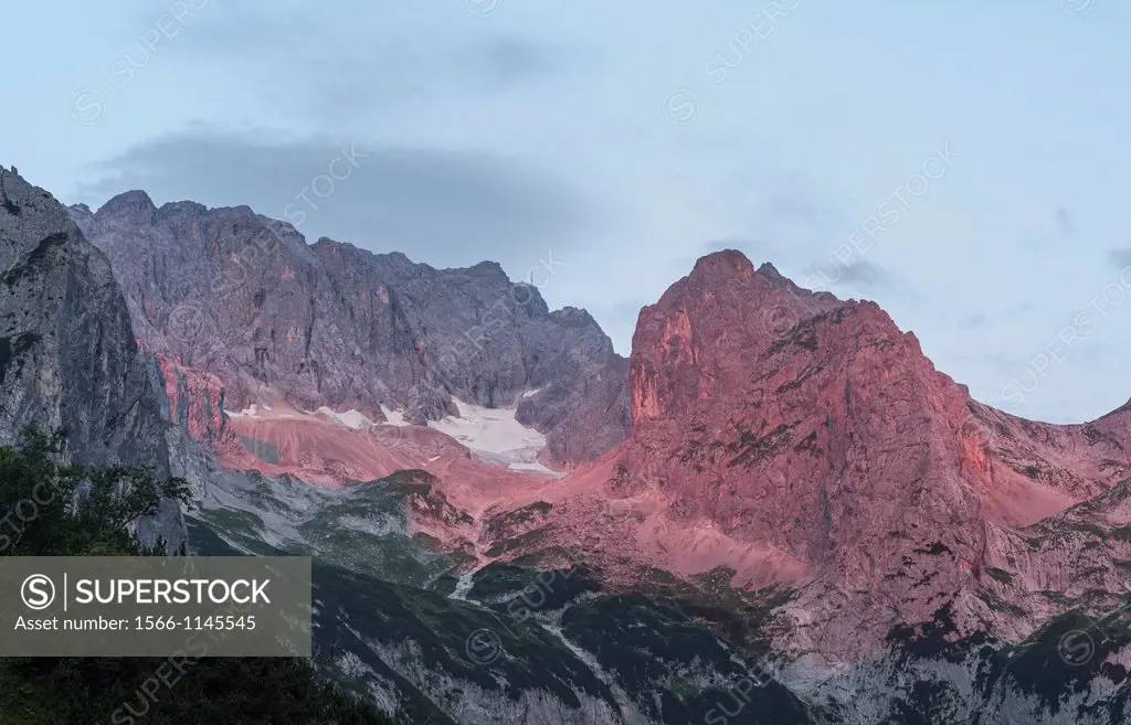 Mount Zugspitze seen from valley Hoellental in the Wetterstein Mountain Range near Garmisch-Partenkirchen  View of the peak of Mt  Zugspitze, the high...