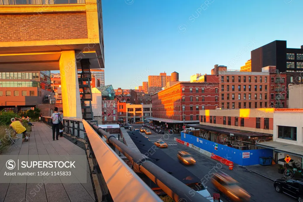 The High Line Elevated Park passes under the Standard Hotel, overlooking the Meat Packing District, New York City
