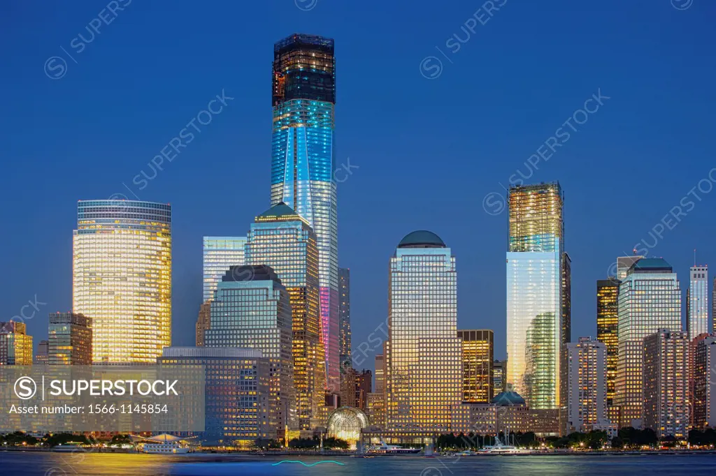One World Trade Center under construction is illuminated in Red, White and Blue, New York, USA