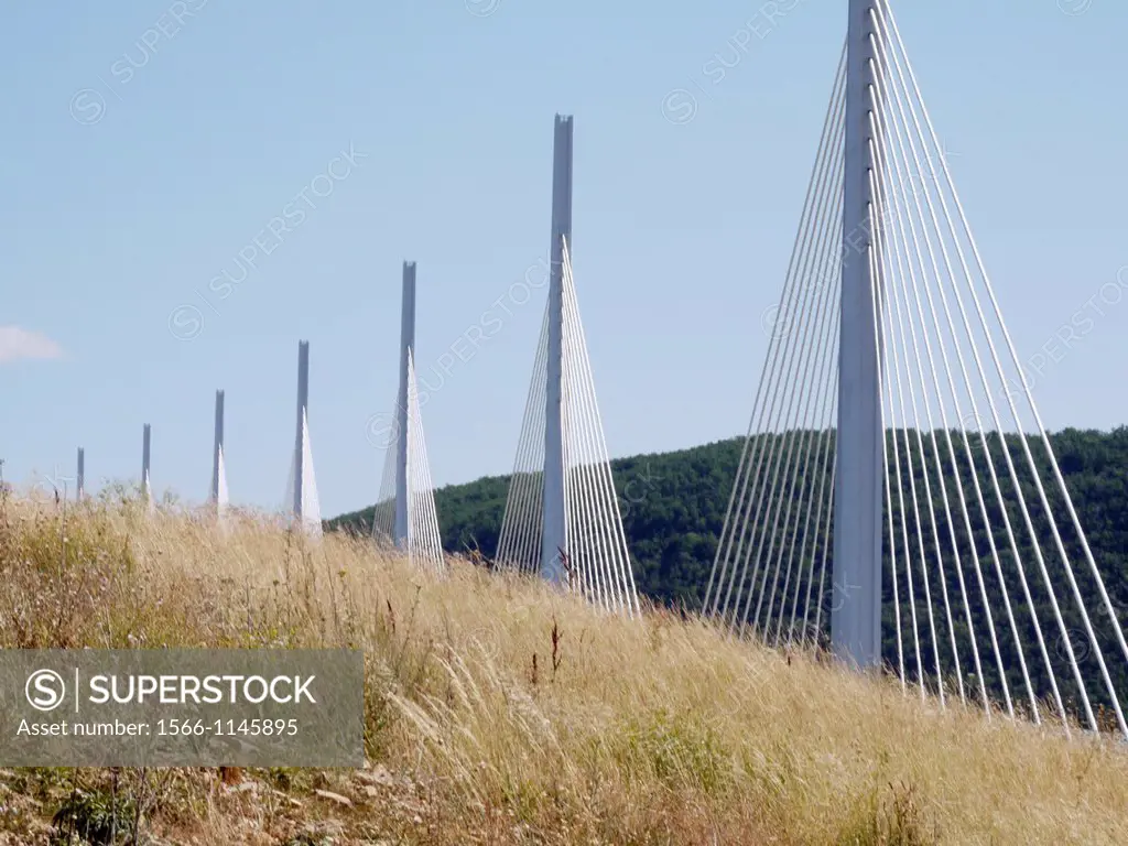 France, Aveyron, Cable-stayed Millau viaduct crossing the Tarn valley, in the department of Aveyron, on the A75 motorway
