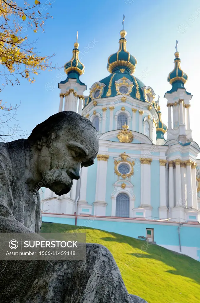 Taras Shevchenko monument, Saint Andrew´s Church, Andrews Descent, Podil, Kiev, Ukraine.