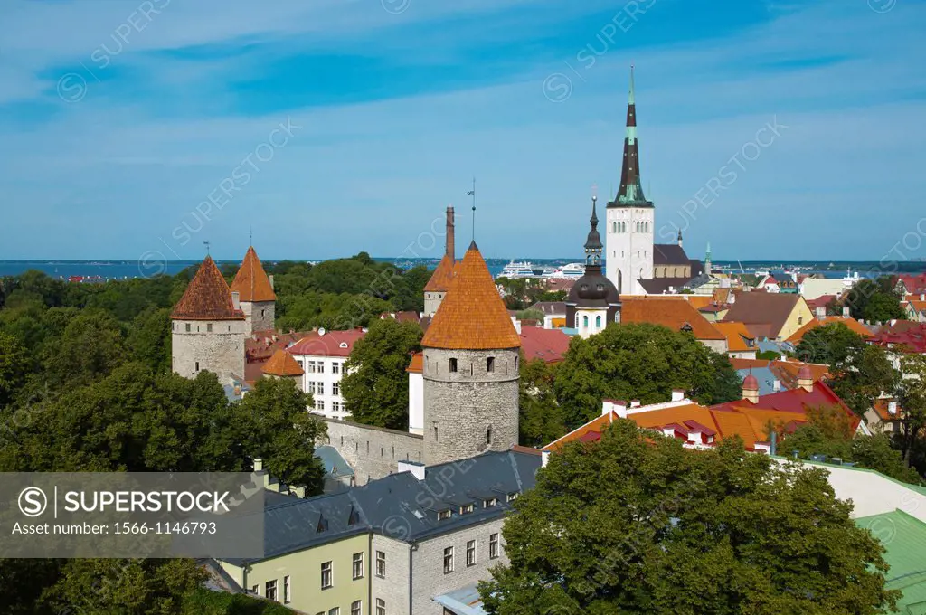 View of Vanalinn the old town with Oleviste kirik the St Olav´s church Tallinn Estonia Europe