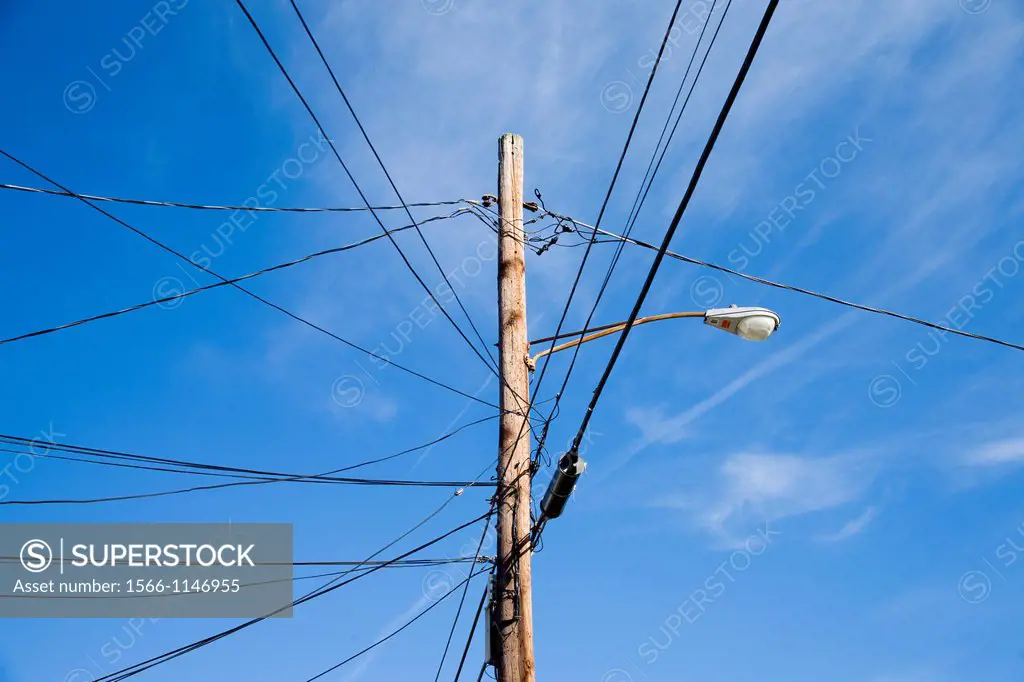 Overhead power cables and telephone pole