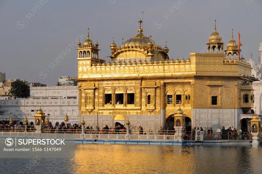 India. Punjab. Amritsar. The Golden Temple. The Sri Harmandir Sahib the holy of holies of Sikhism, hindu-islamic style.