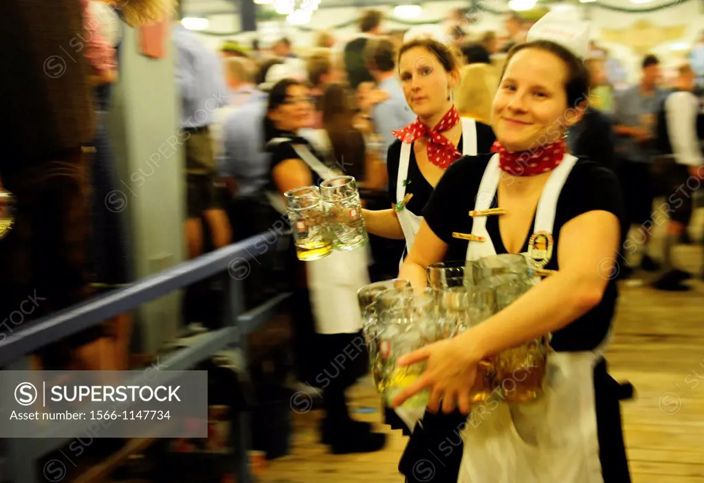 Females waiters with beer steins during Oktoberfest festival in Munich, Germany