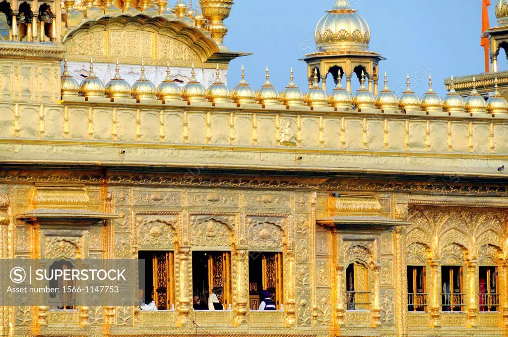 India. Punjab. Amritsar. The Golden Temple. The Sri Harmandir Sahib the holy of holies of Sikhism, hindu-islamic style. Upper floor.