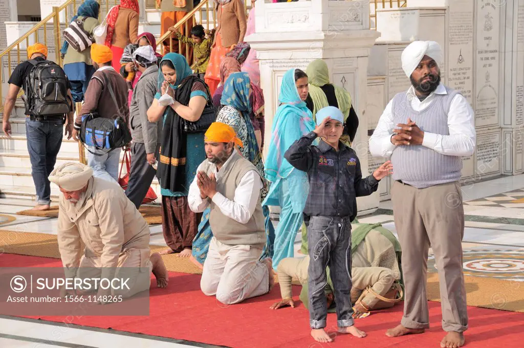 India. Punjab. Amritsar. The Golden Temple. Believers Sikh praying in front of the Sri Harmandir Sahib the holy of holies of Sikhism.