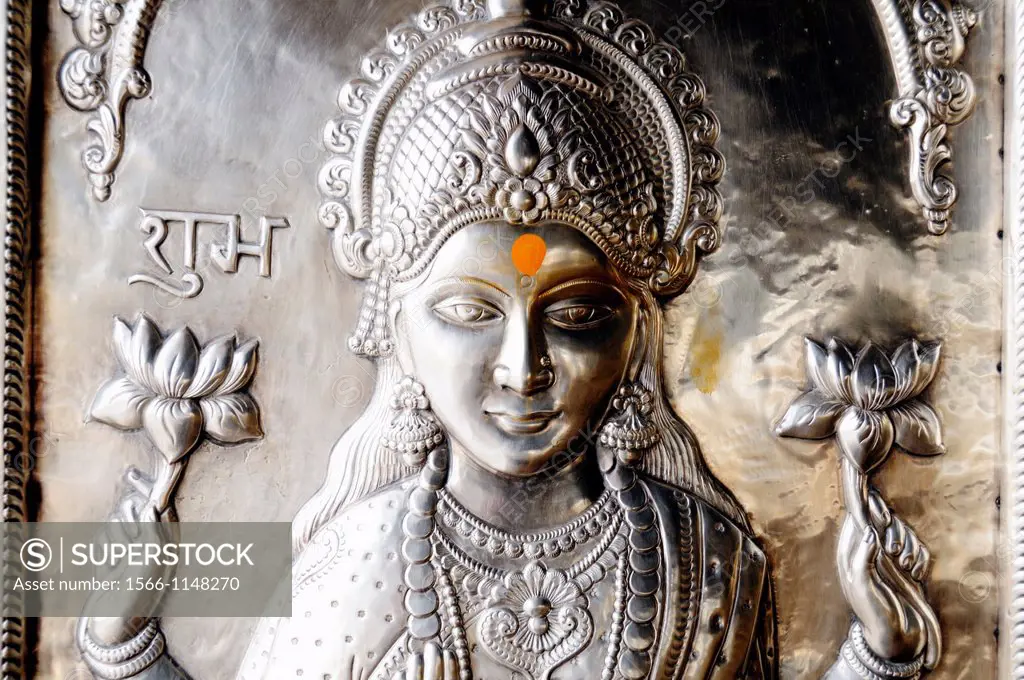 India. Punjab. Amritsar. Durgiana Temple Durga or Lakshmi Narayan. Silver doors, details of the goddess Parvati wife of Shiva.