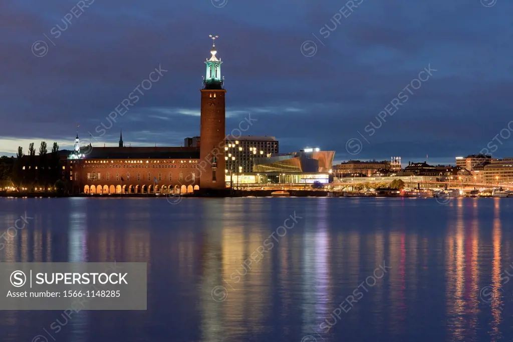 city hall with Riddarfjärden at night, Stockholm, Sweden