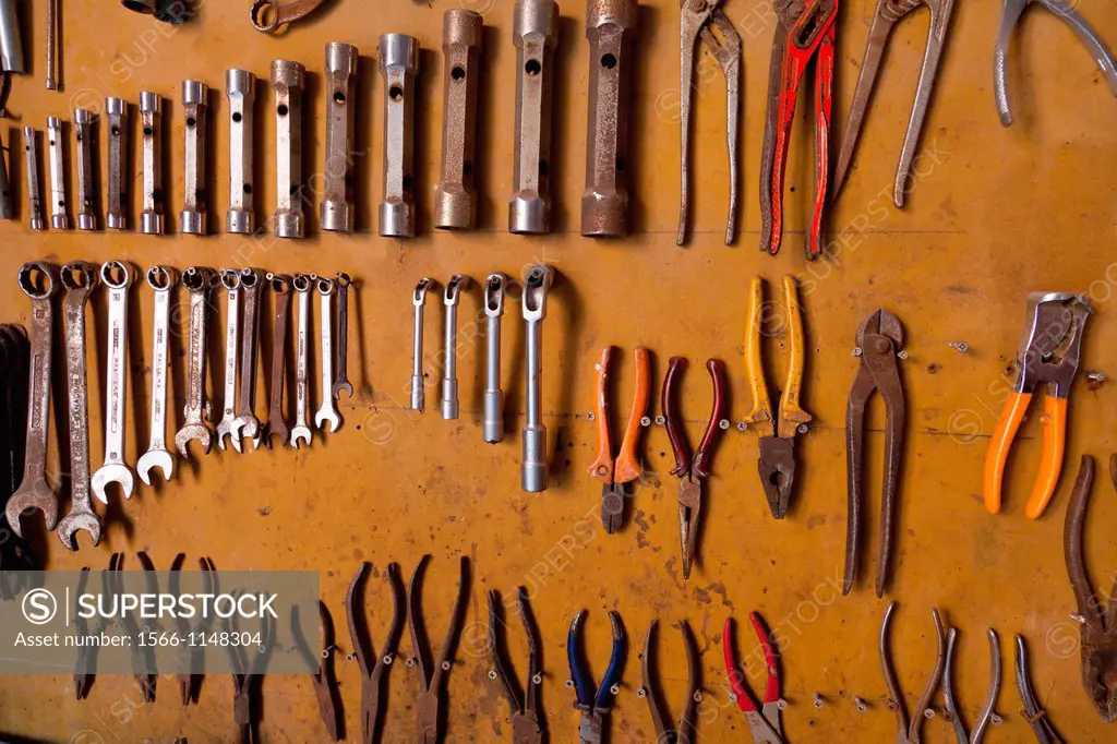 Hand tools in an old machine shop in Venice, Italy, Europe
