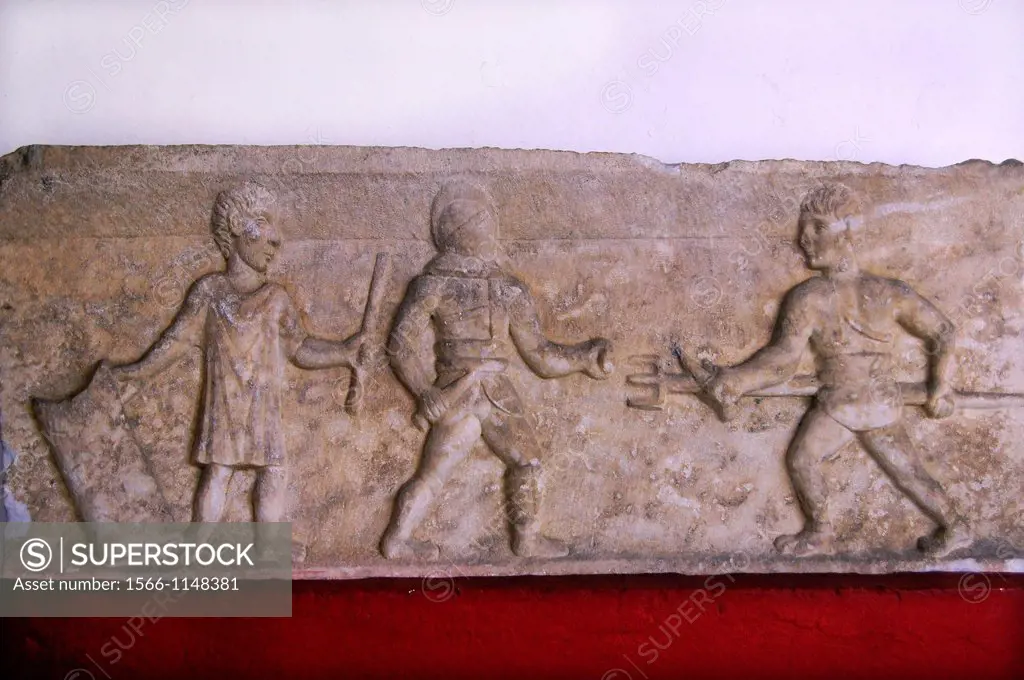 Gladiators on a tombal stone at the Archeological Museum of Ephesus, Selçuk, Turkey. Ephesus, Ancient Greek fes, Ephesos, Turkish Efes was an ancient ...