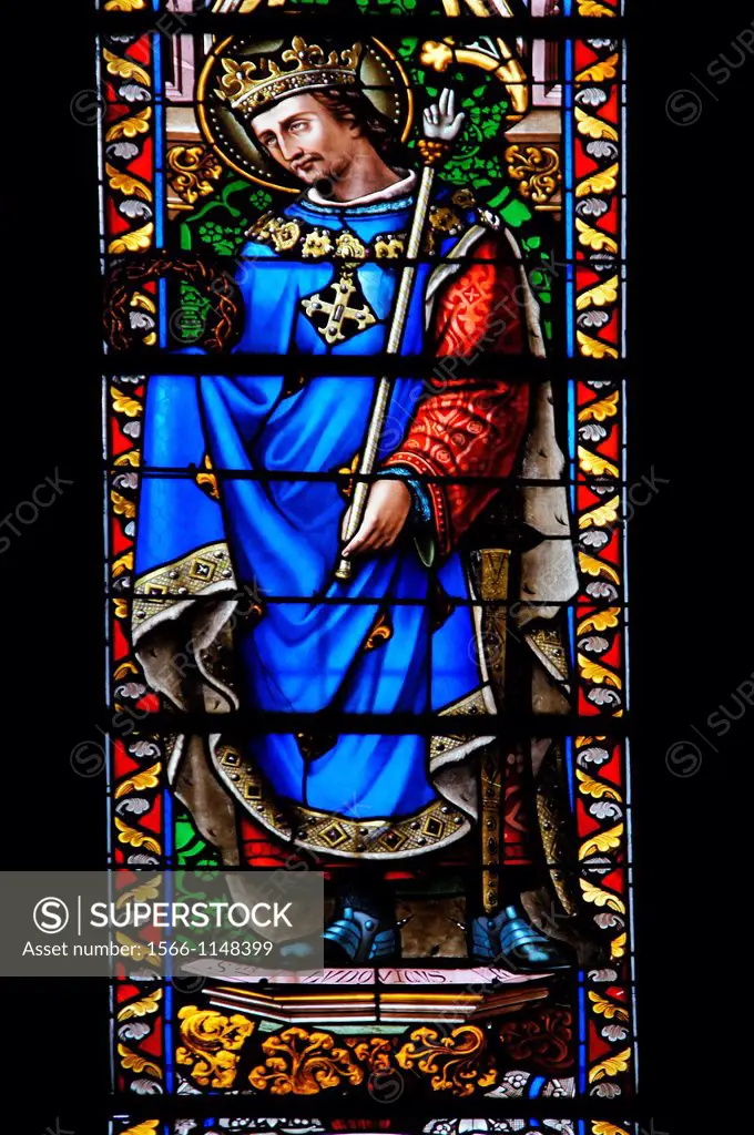 19th century stained-glass window depicting Saint Louis, King of France, at Notre Dame church, Sainte-Foy-la-Grande, Gironde, Aquitaine, France