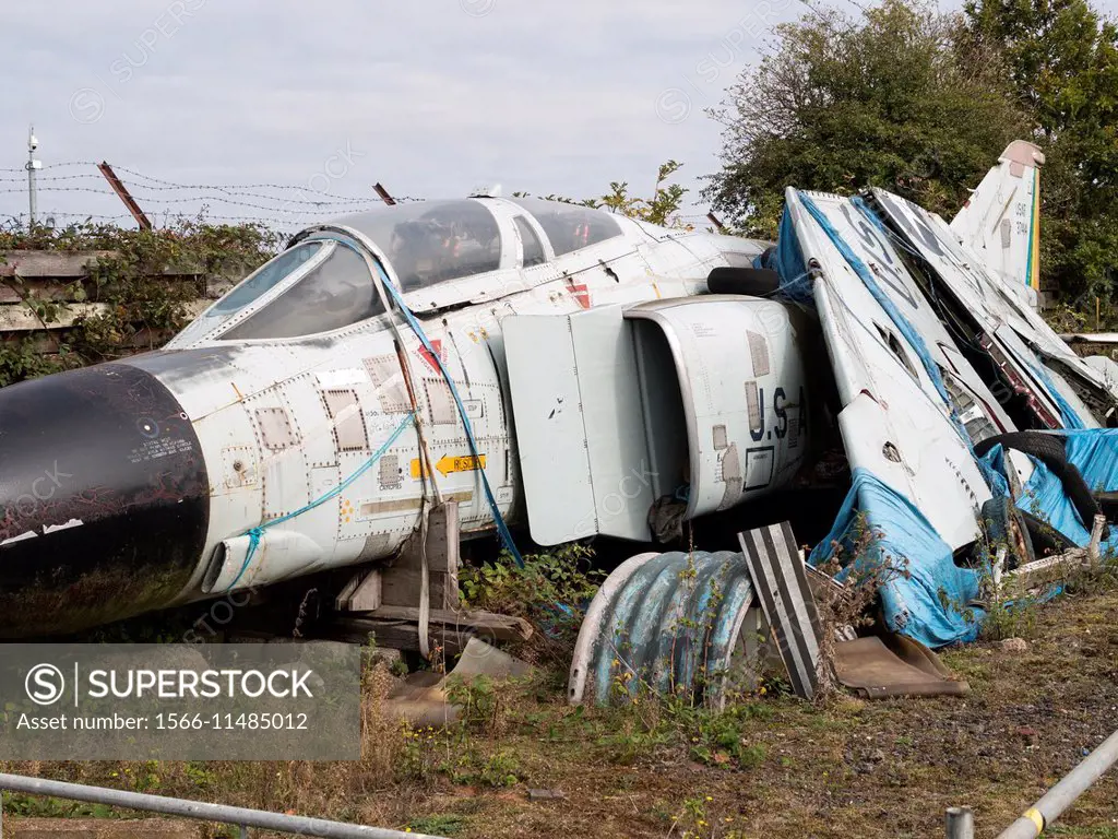 a derelict 1960s vintage US Air Force Phantom jet fighter at the Midlands Air Museum, Coventry Airport, UK