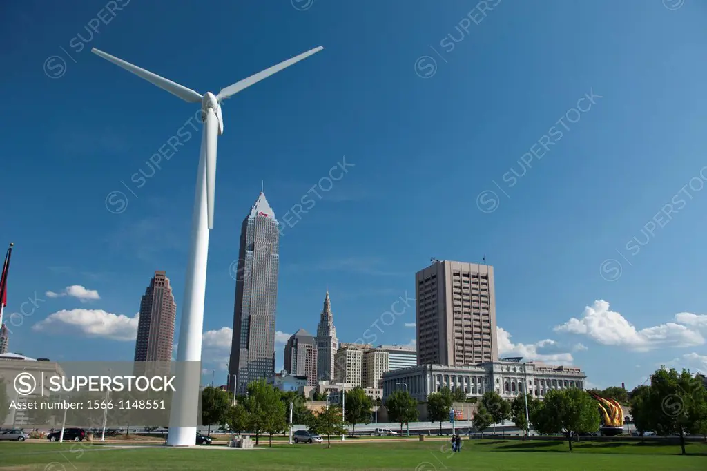 Wind Turbine At Great Lakes Science Center Downtown Skyline Cleveland Ohio USA