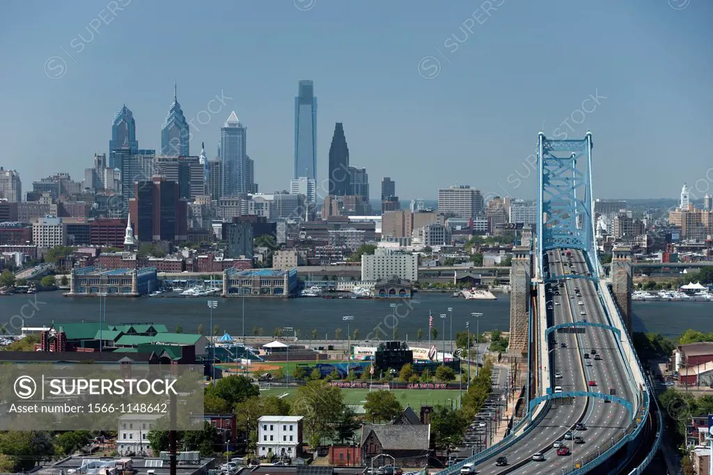 Ben Franklin Bridge Over Delaware River Downtown Skyline Philadelphia Pennsylvania USA
