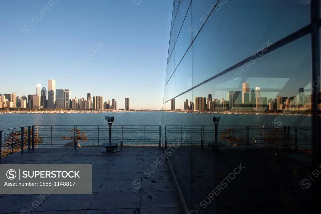 Reflection Of Lake Shore Skyline From  Adler Planetarium Downtown Chicago Illinois USA
