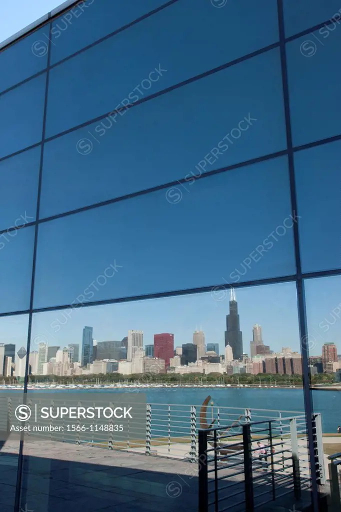 Reflection Of Lake Shore Skyline From  Adler Planetarium Downtown Chicago Illinois USA