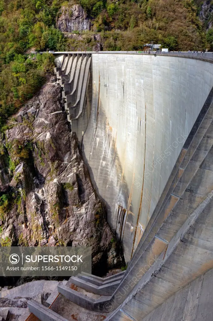 Dam of the Verzasca at Vogorno in Valle Verzasca, Ticino, Switzerland  Here was the James Bond film Golden Eye filmed