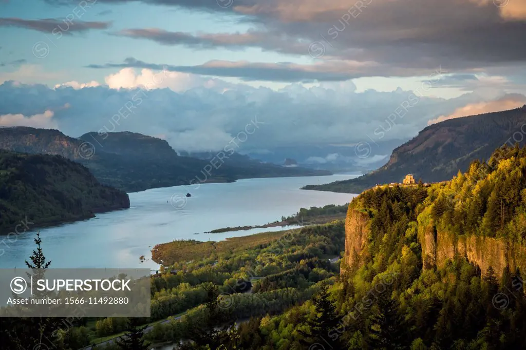 A view down the Columbia River gorge near sunset, Oregon, USA.