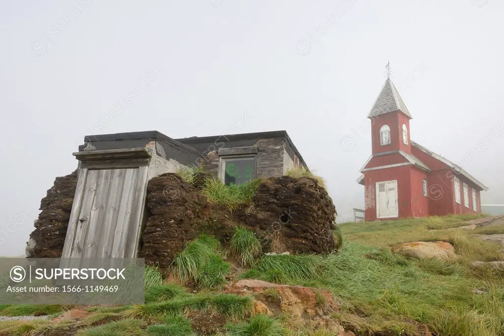 Greenland, Upernavik, Traditional turf house and old church