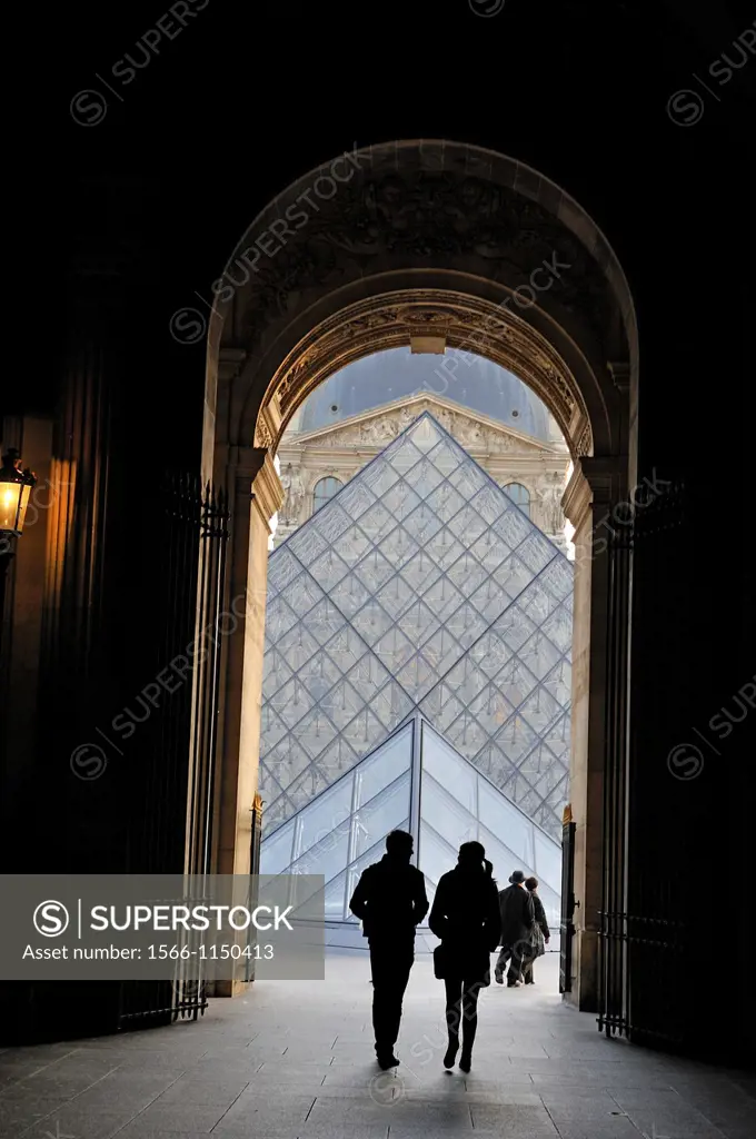 archway under the Pavillon Richelieu from the Rivoli street to the Louvre Pyramid, Paris, Ile-de-France region, France, Europe