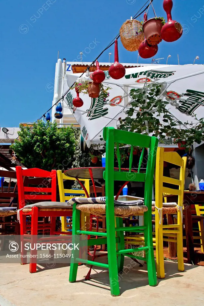 colorful chairs, restaurant, Agios Nikolaos, Crete, Greece