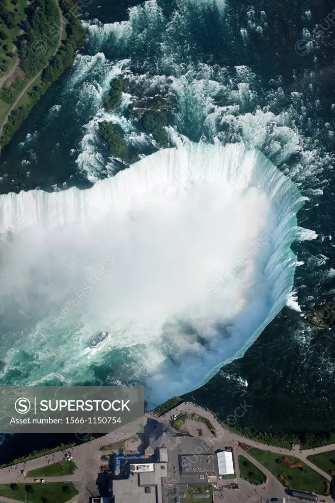 Aerial Of Horseshoe Falls Niagara Waterfalls On Border Of Ontario Canada New York State USA