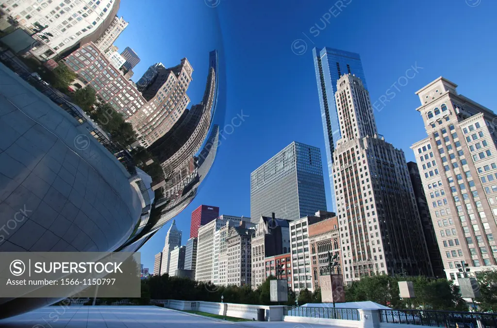 Skyline Reflected In Cloudgate Sculpture Downtown Chicago Illinois USA