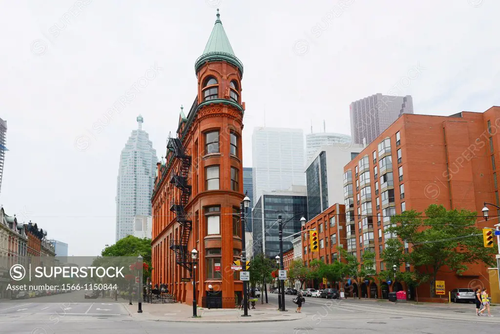 Downtown city life Toronto Ontario Canada Flat Iron Building Gooderham Building