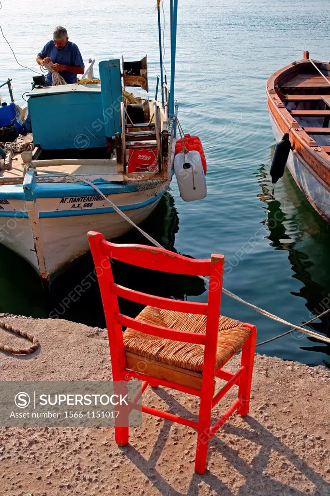 chair, boats, harbor, Chania, Crete, Greece