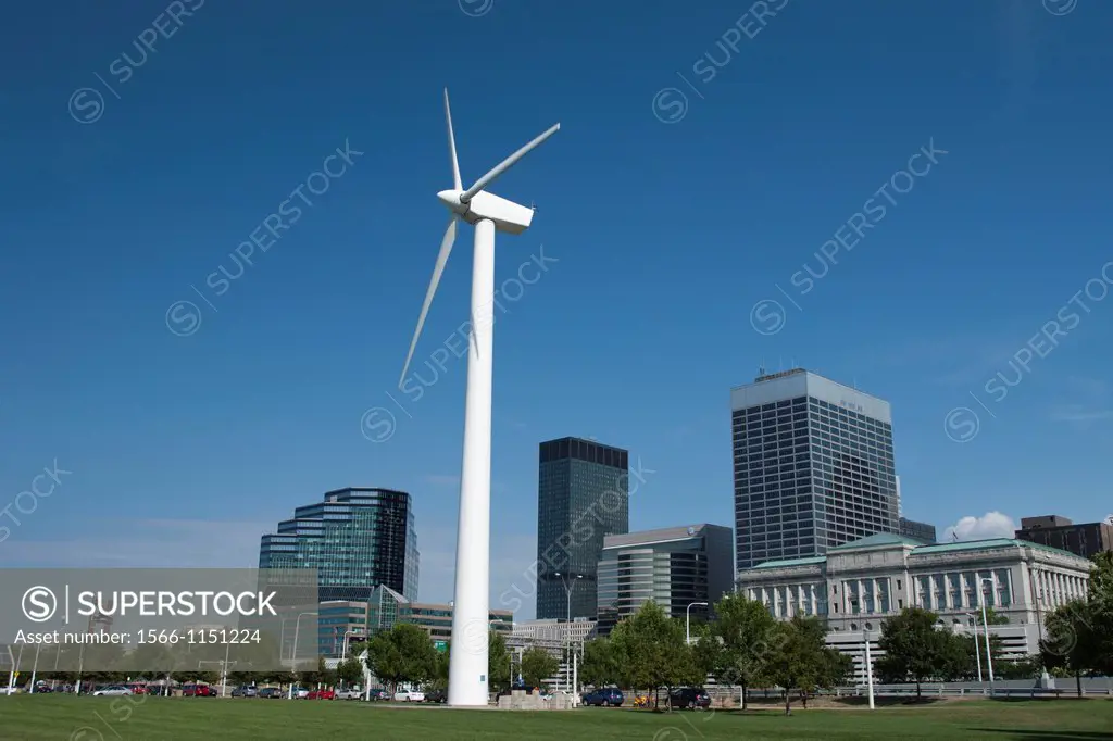 Wind Turbine At Great Lakes Science Center Downtown Skyline Cleveland Ohio USA