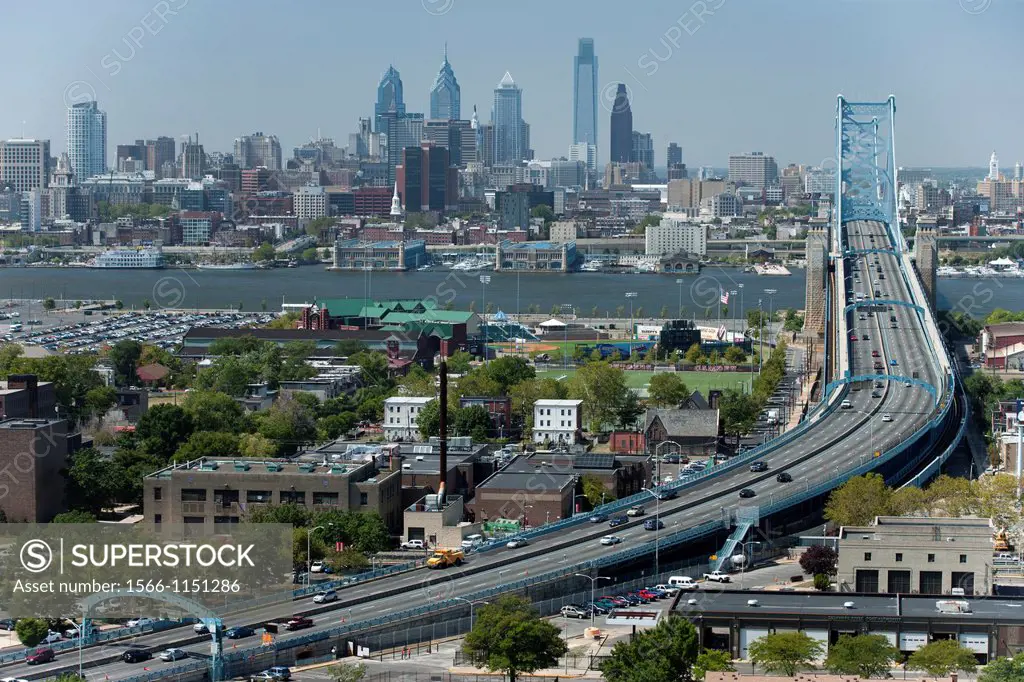 Ben Franklin Bridge Over Delaware River Downtown Skyline Philadelphia Pennsylvania USA