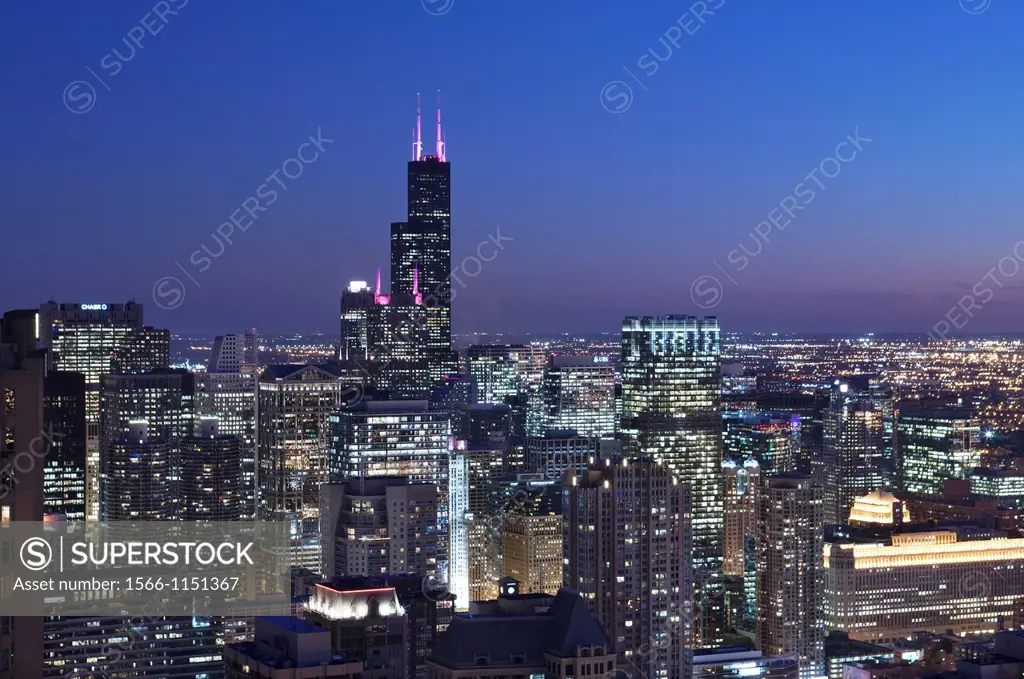 Willis Tower Loop Skyline From 900 North Michigan Rooftop Downtown Chicago Illinois USA