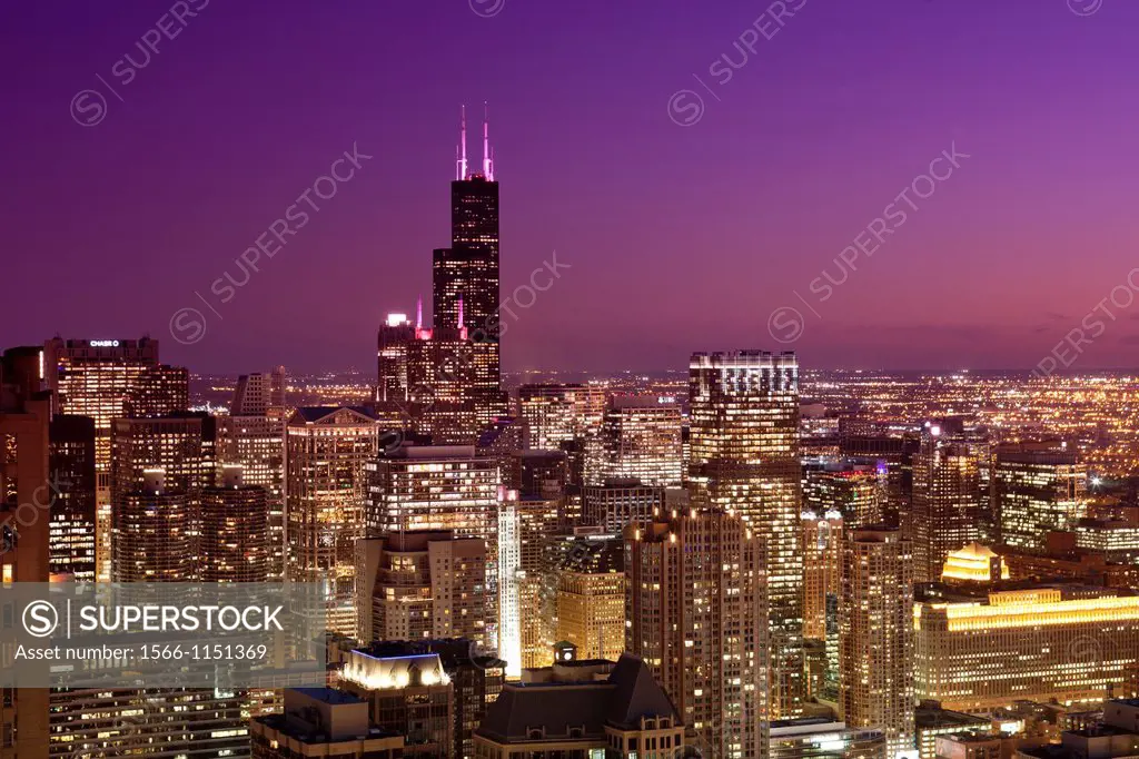 Willis Tower Loop Skyline From 900 North Michigan Rooftop Downtown Chicago Illinois USA