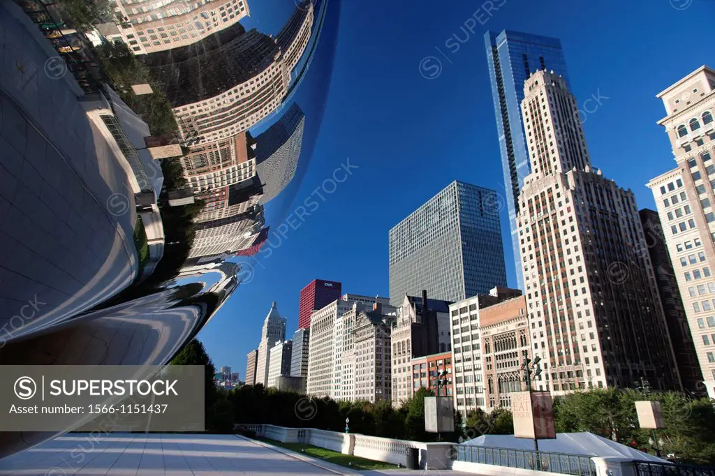 Skyline Reflected In Cloudgate Sculpture Downtown Chicago Illinois USA