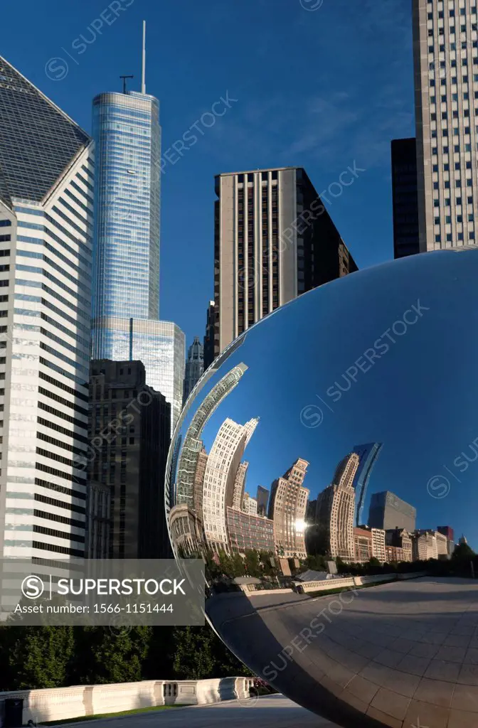 Skyline Reflected In Cloudgate Sculpture Downtown Chicago Illinois USA