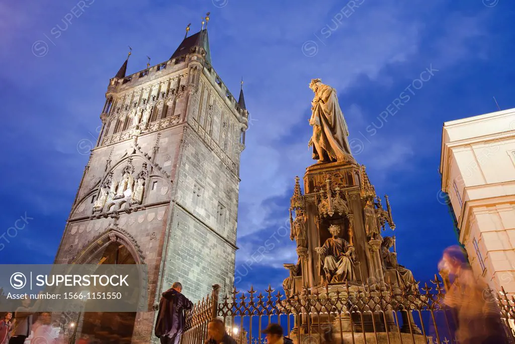 Statue of Charles IV and Old Town Bridge Tower, Charles Bridge, Karluv Most, Prague, Czech Republic, Europe.