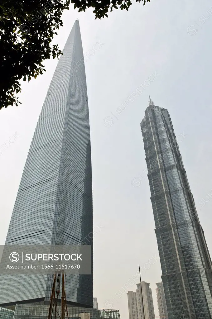 Left ´World Financial Center´ and right ´Jin Mao Tower´, Pudong Business District, Shanghai, China, Asia.
