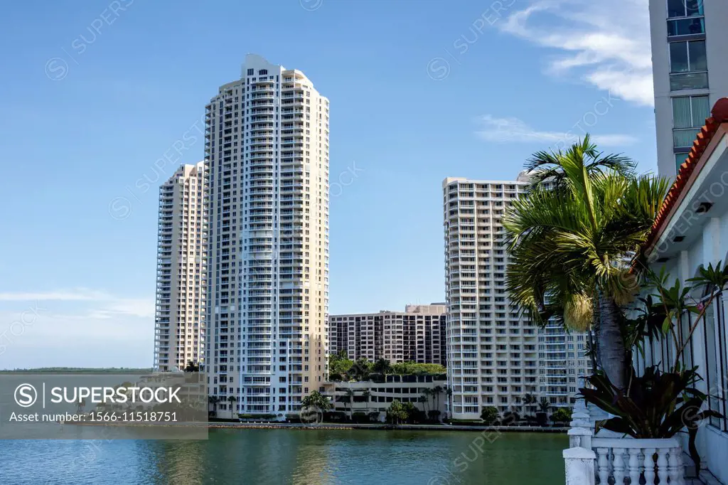 Florida, Miami, Biscayne Bay, water, Brickell Key, high rise condominium buildings, Miami River.