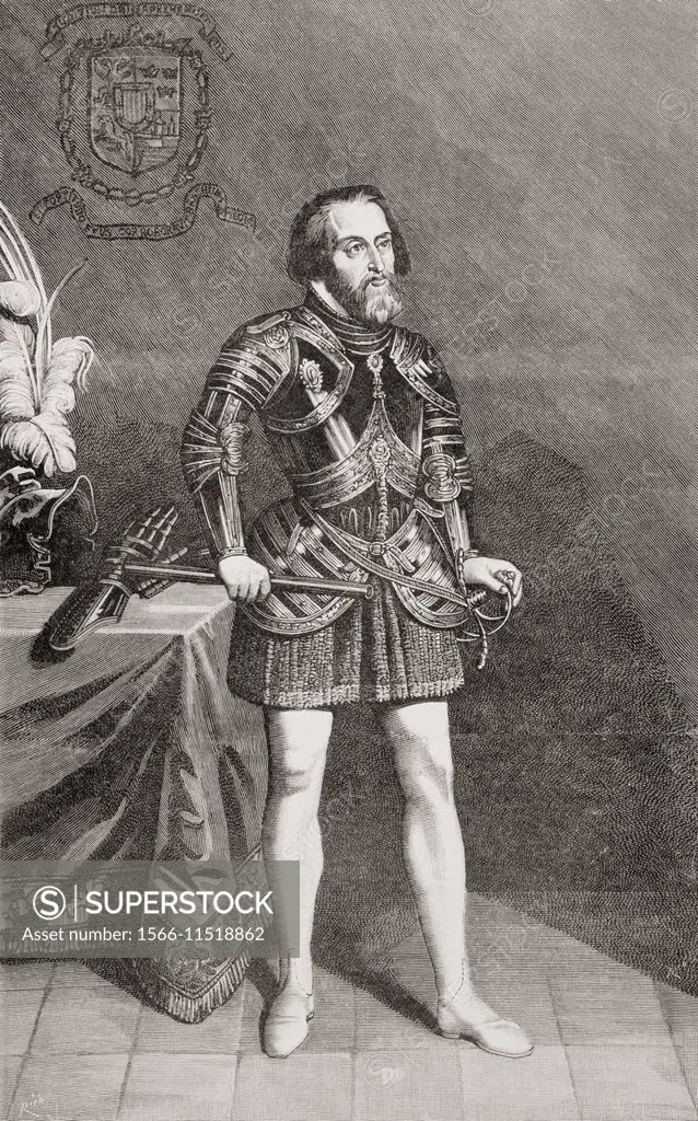Hernán Cortés de Monroy y Pizarro, 1st Marquis of the Valley of Oaxaca, 1485 - 1547. Spanish Conquistador. From La Ilustracion Española y Americana, p...