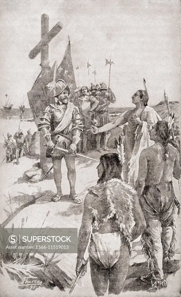 Jacques Cartier the French navigator and explorer 1491 - 1557, taking possession of the coast on the Gaspé Peninsula, Quebec, Canada in 1534. From The...